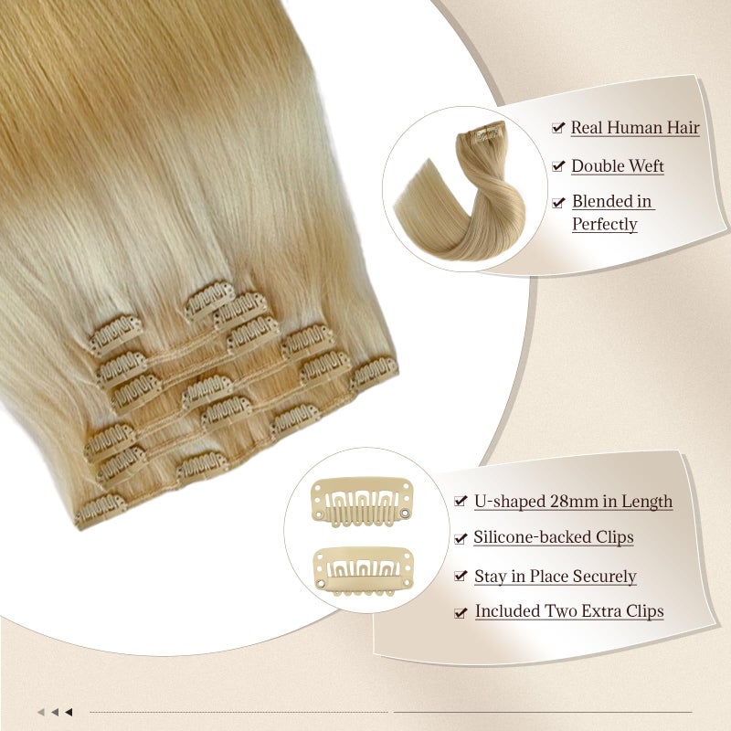 Licoville Blonde Clip in Hair Extensions Human Hair 15 Inch #60 Platinum Blond Real Human Hair Extensions Clips ins Thick Ends Soft Blonde Remy Hair Pieces for Thicker Look - Image 4